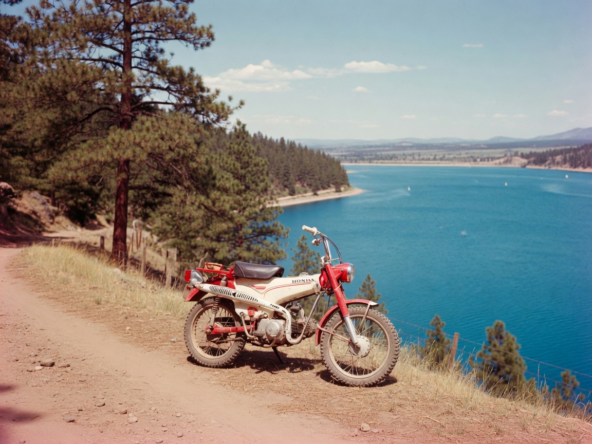 1960s Honda trail bike on a dirt path by the lake