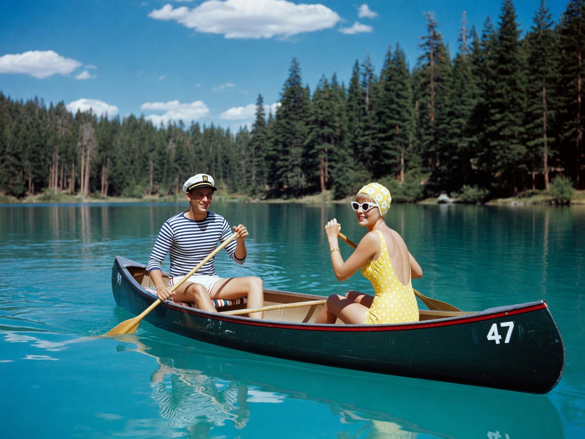 Vintage canoe and paddle illustration on calm water